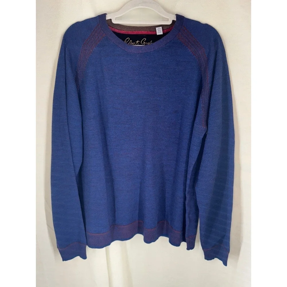 Robert Graham Sweater Men's XL Blue Crew Neck Red‎ Trim Classic Fit EUC Preppy